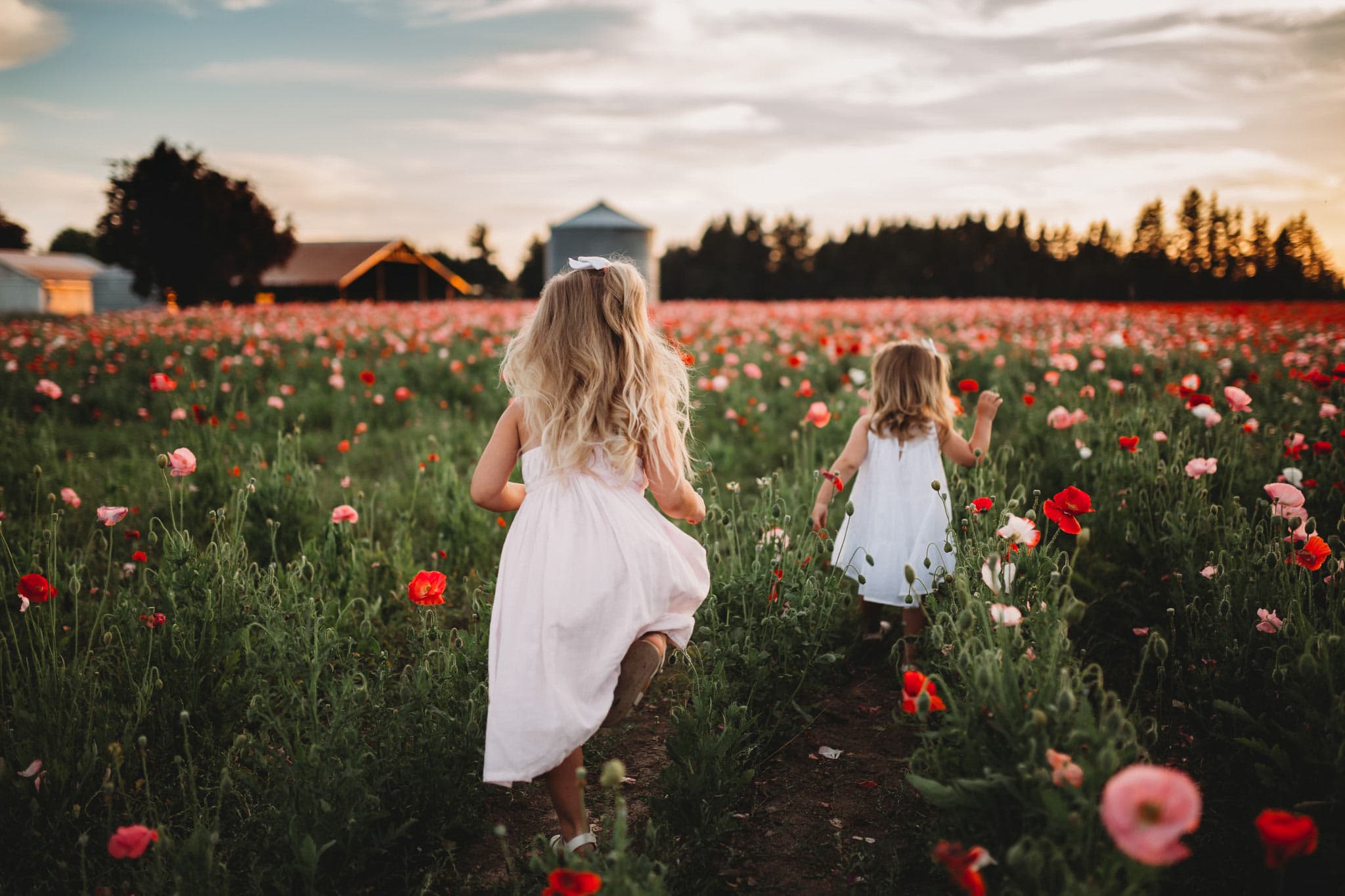 Little girls running in field of poppies in Oregon