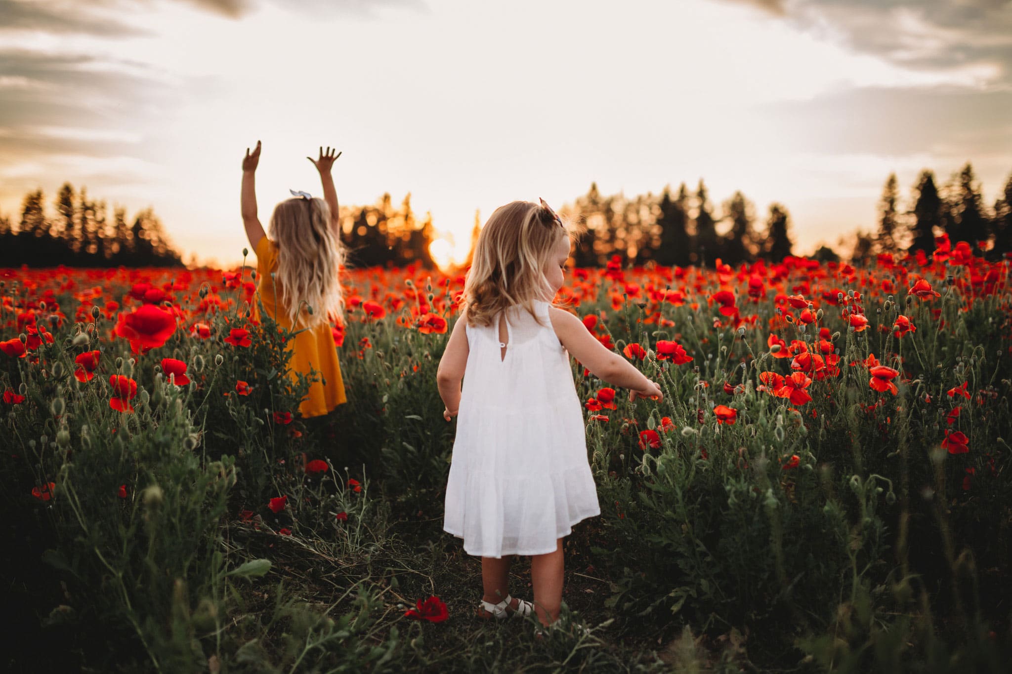 Sweet girls in field of red poppies