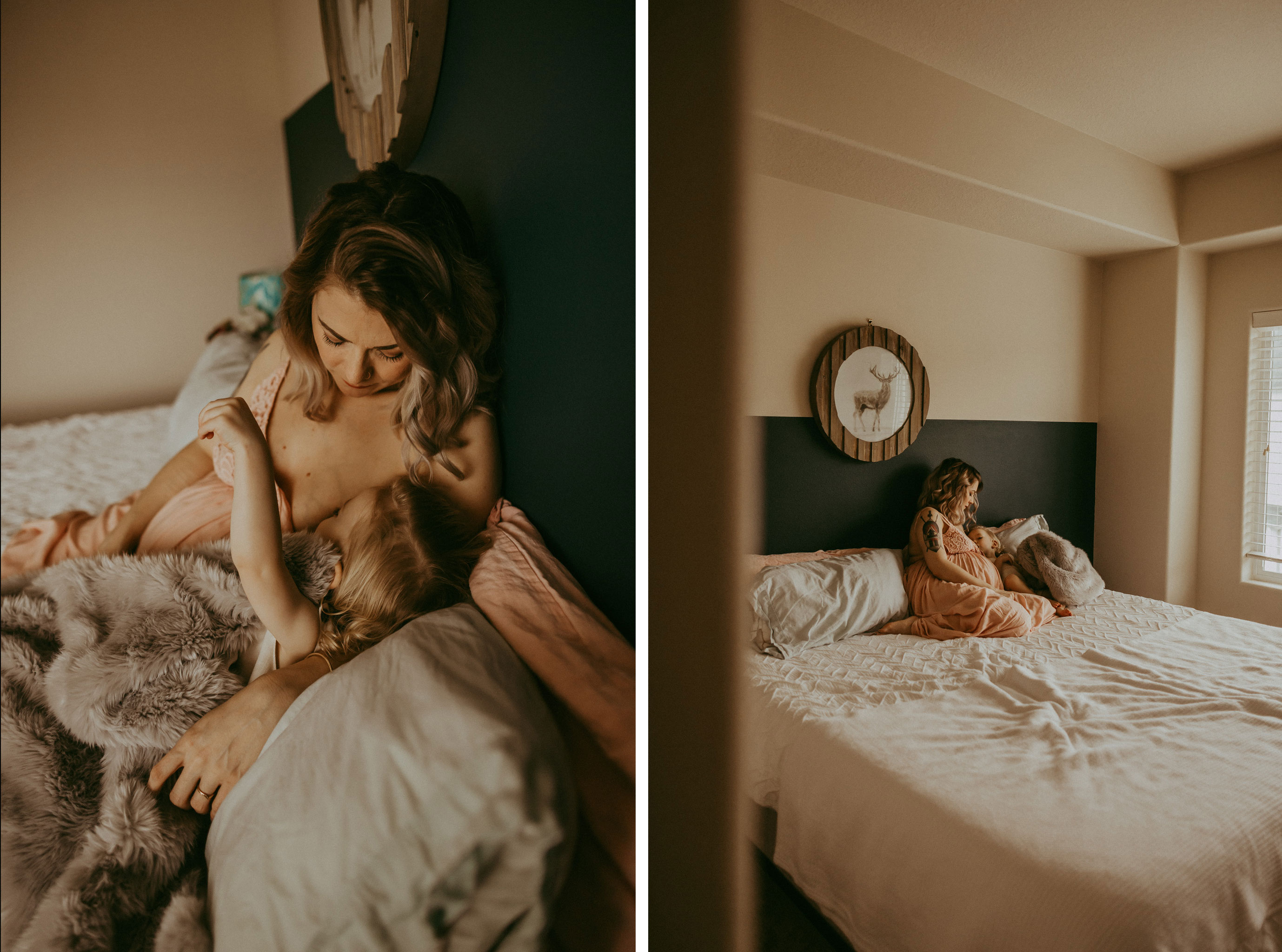 mama nursing son during in-home maternity photography session in Clackamas, Oregon