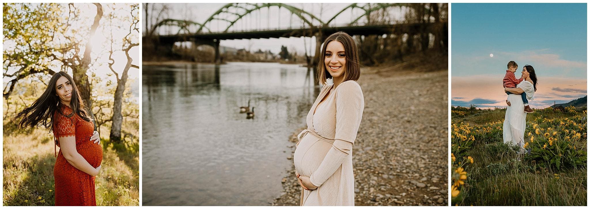 three photos of pregnant women wearing dresses from Baltic Born