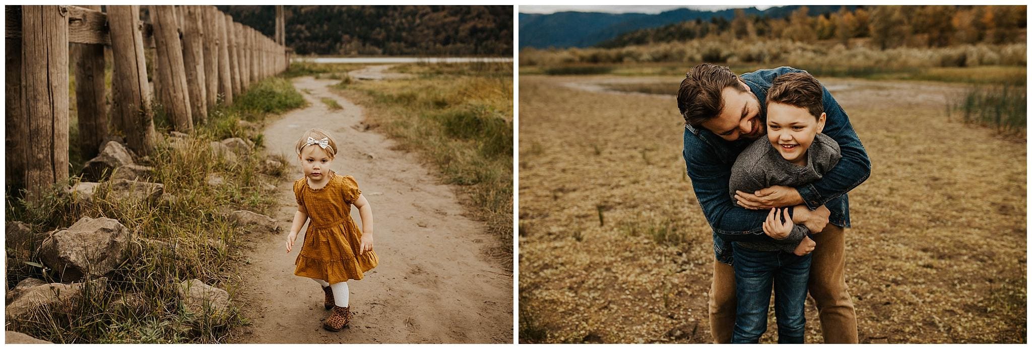 Little girl in yellow dress walking, dad hugging son and laughing - Portland family portraits