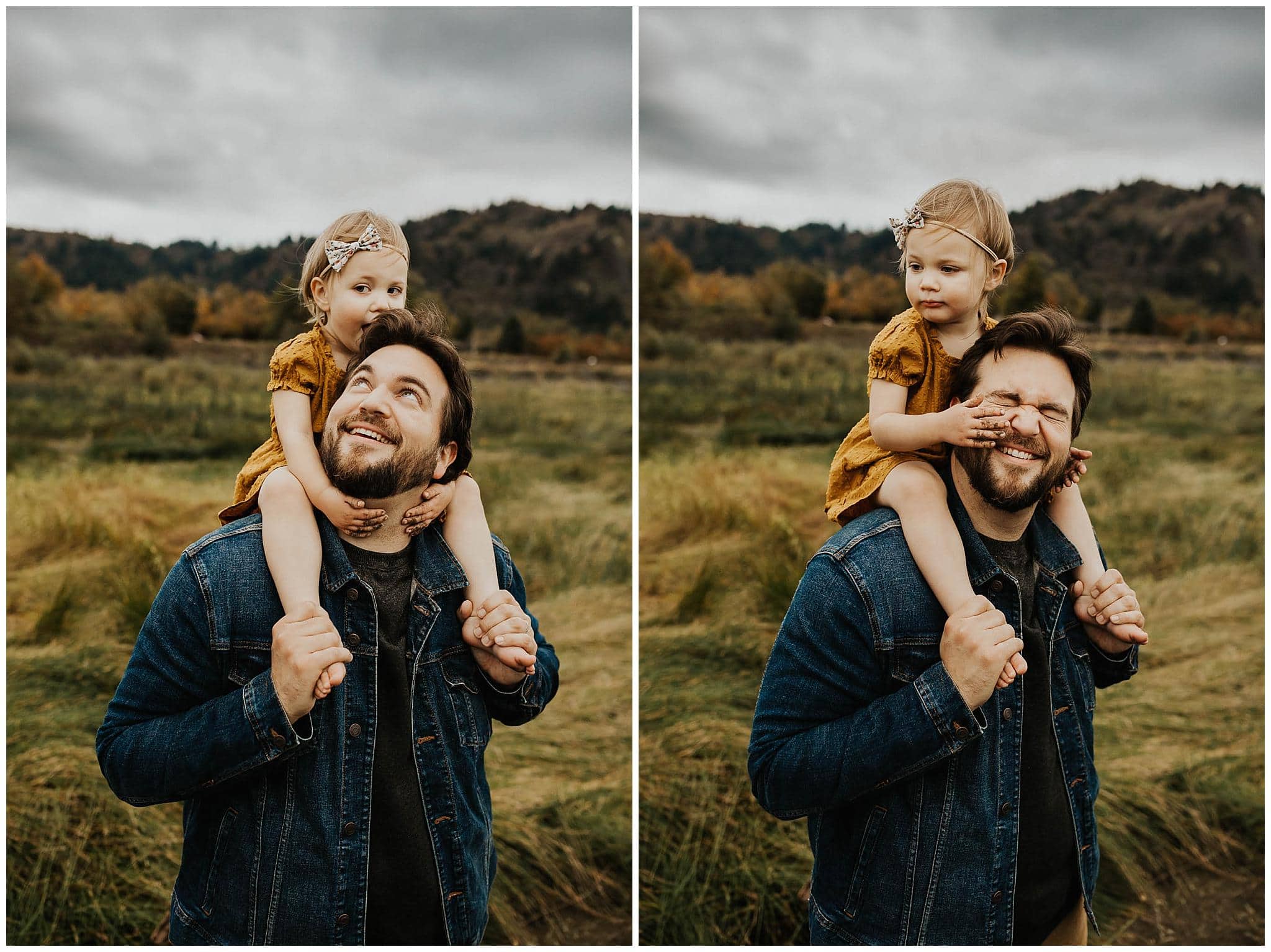 Dad holding toddler daughter on his shoulders, funny family portraits