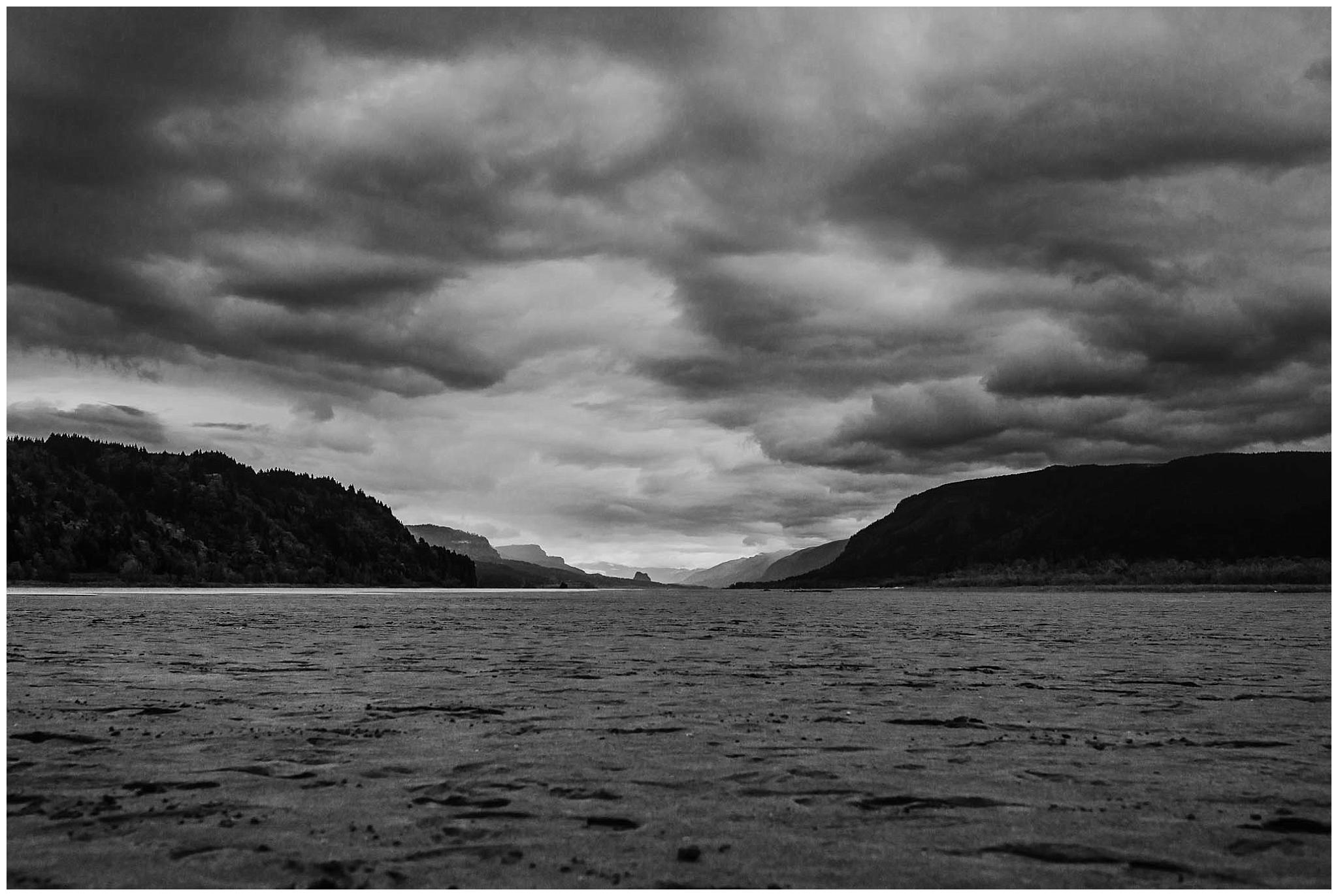 Black and white landscape image of the columbia river gorge