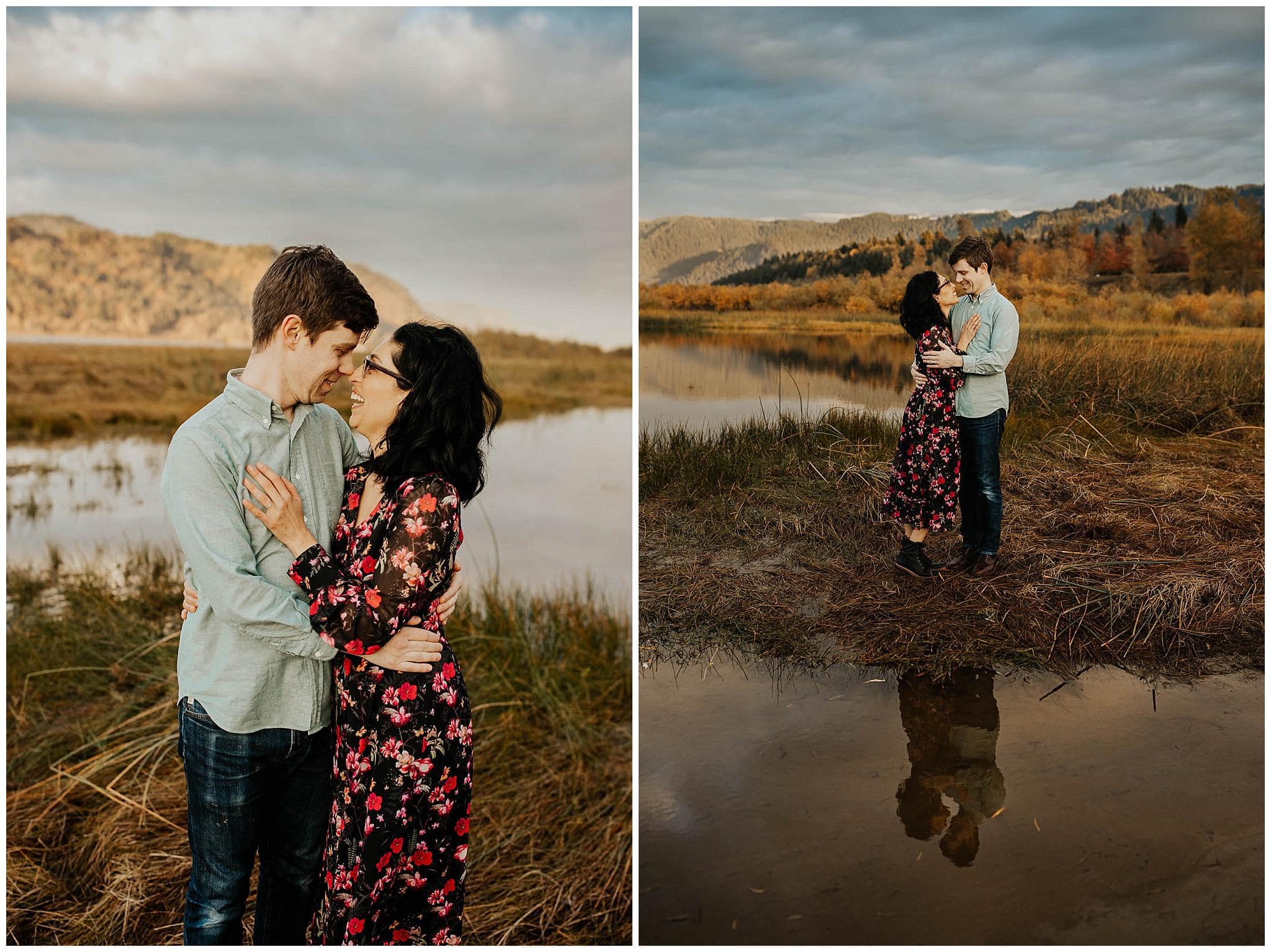 Couple embracing with thier image reflected in a puddle - locations for couples photography