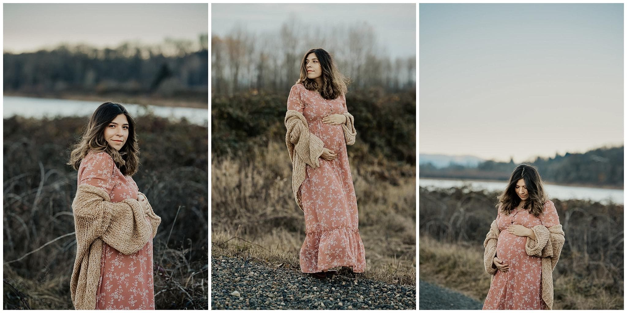 Portland maternity photographer - collage of pregnant woman in pink floral dress with free people cardigan