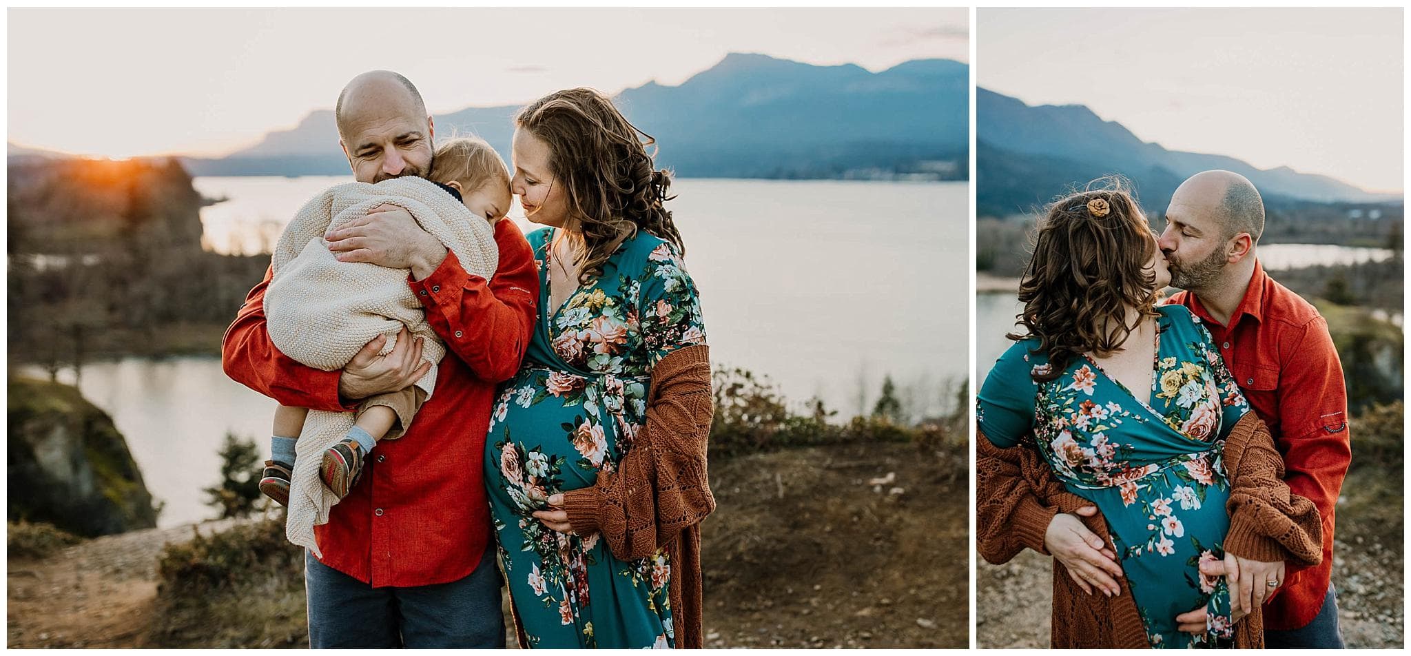 photos of family cuddling together with beautiful mountain scene at sunset behind them - maternity photo