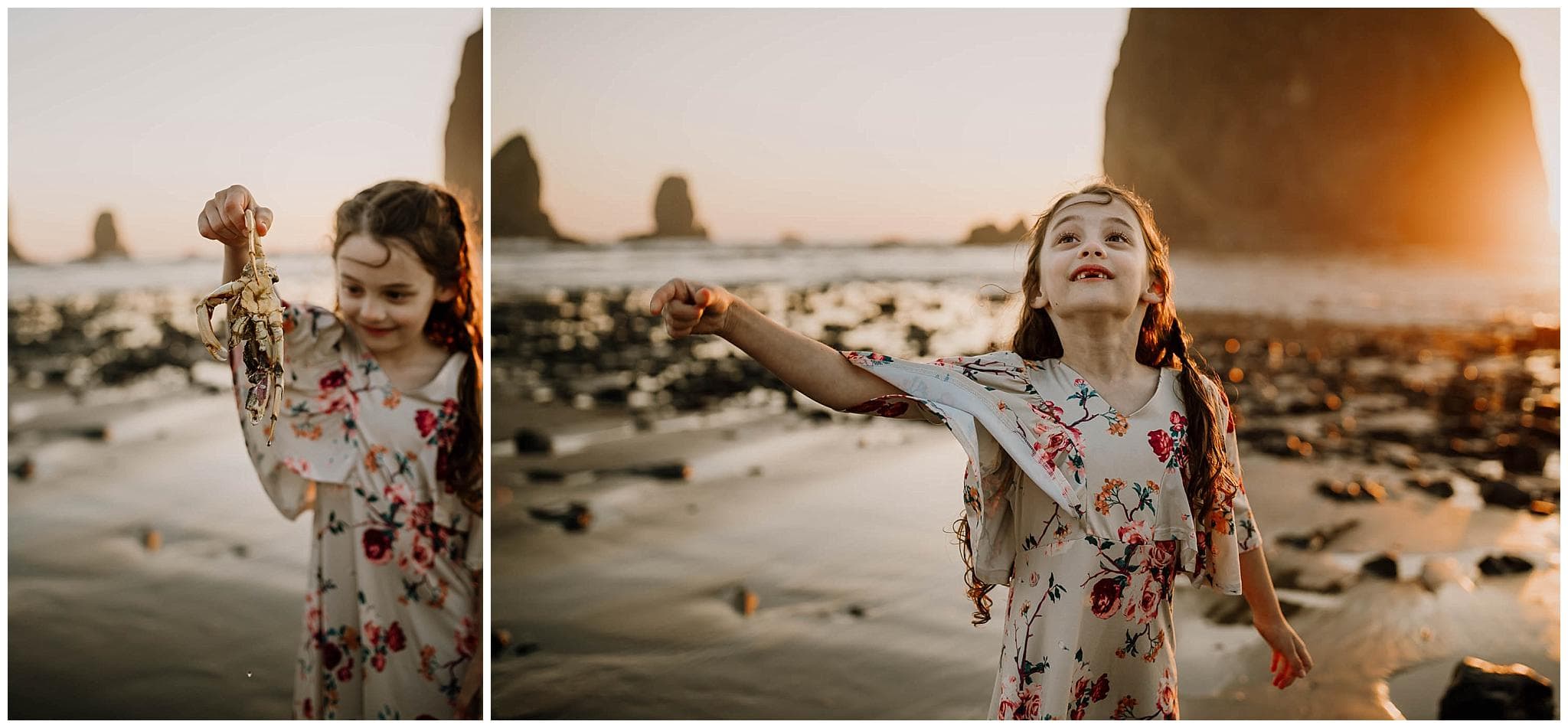little girl throwing a crab in the air at the oregon coast