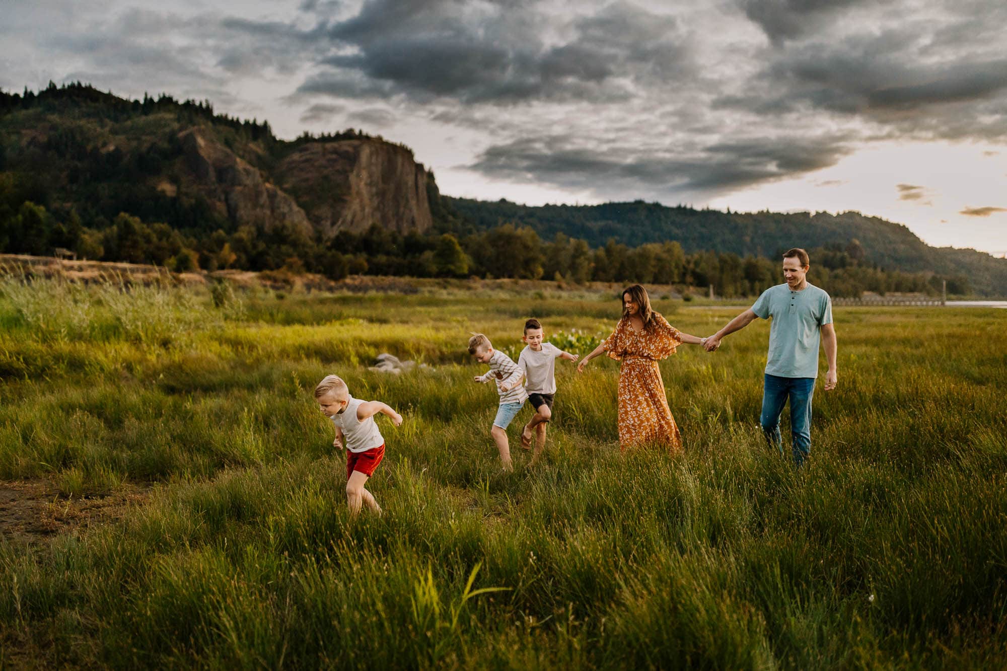 Family walking together in the columbia river gorge
