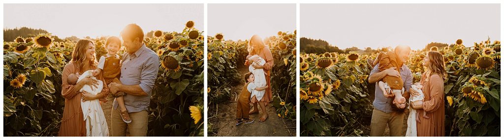 Golden hour at a sunflower garden inPortland with a family who is busy