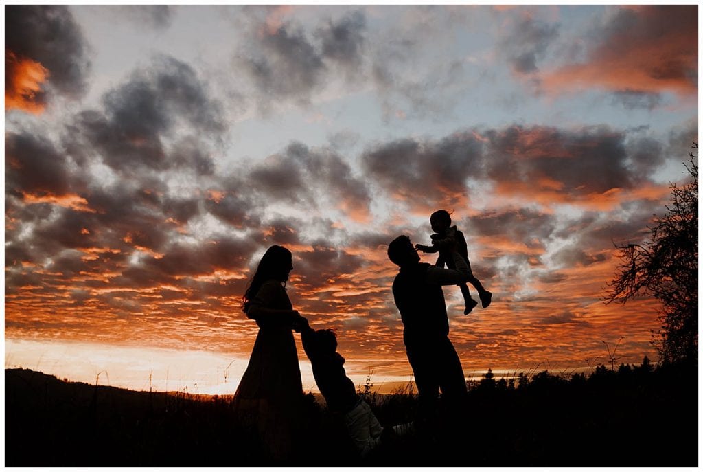 Silhouette photo of a family throwing kids in the air