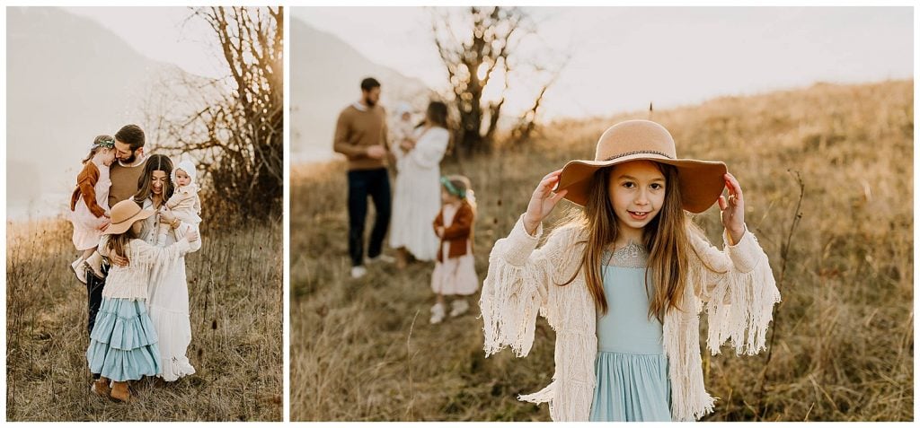 girl in hat and fringe sweater from Joyfolie while her family is in the background