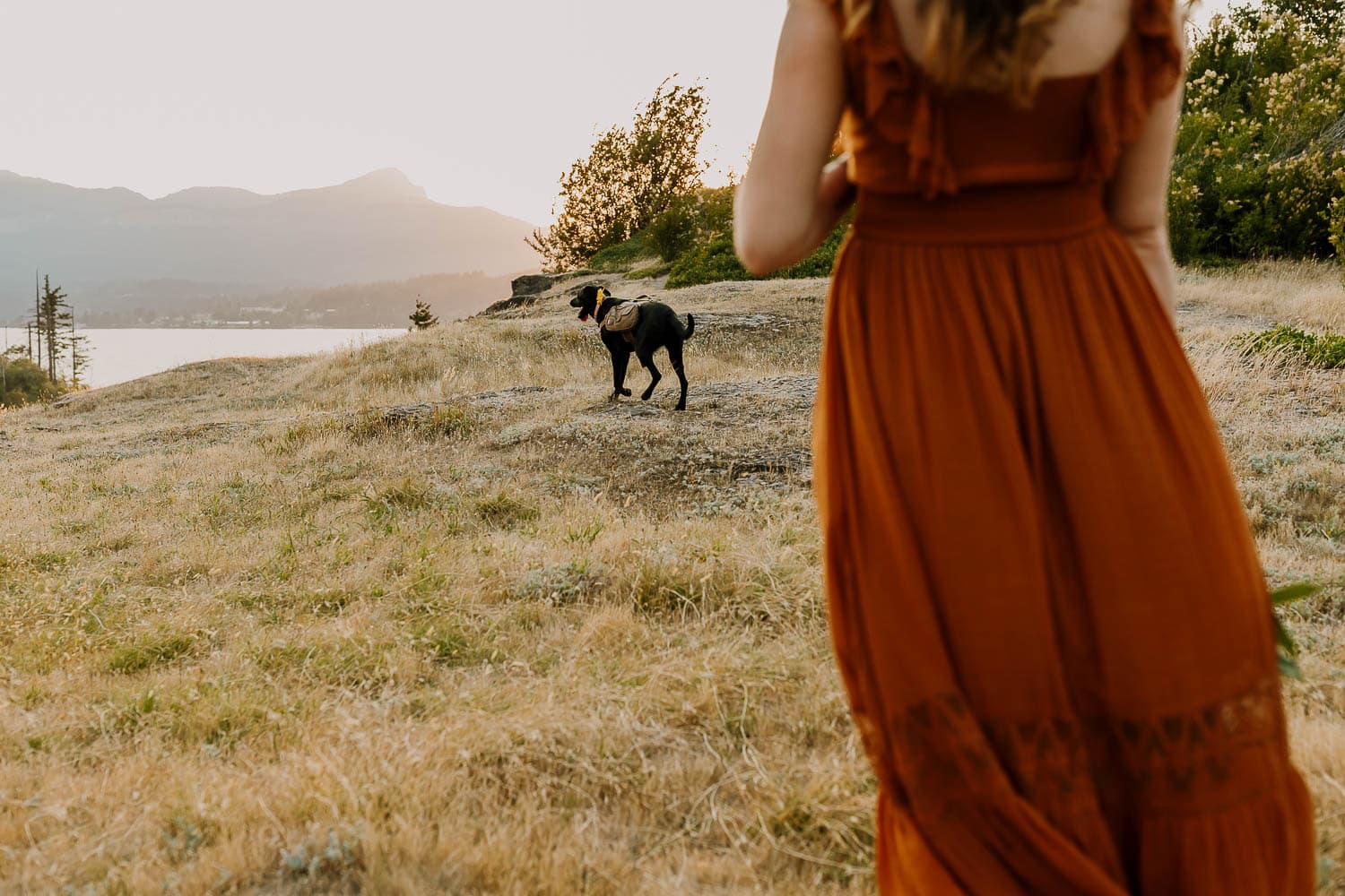Woman in orange dress looking at her black dog in the distance