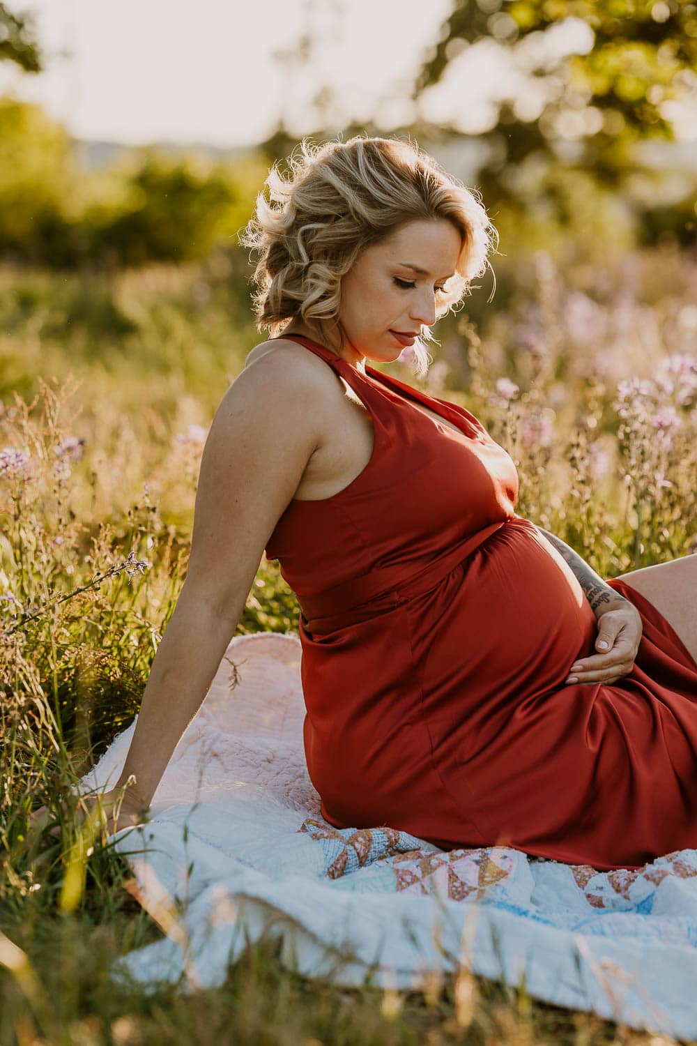 Glowing pregnant mom in red silk dress - Portland spring photos