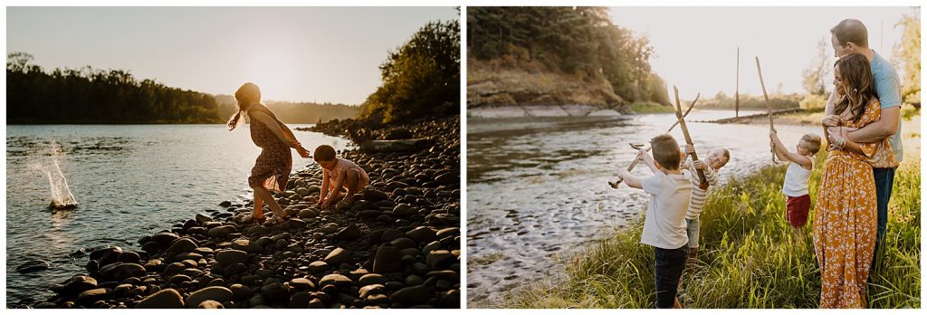 family at a river in portland oregon playing with sticks and throwing rocks