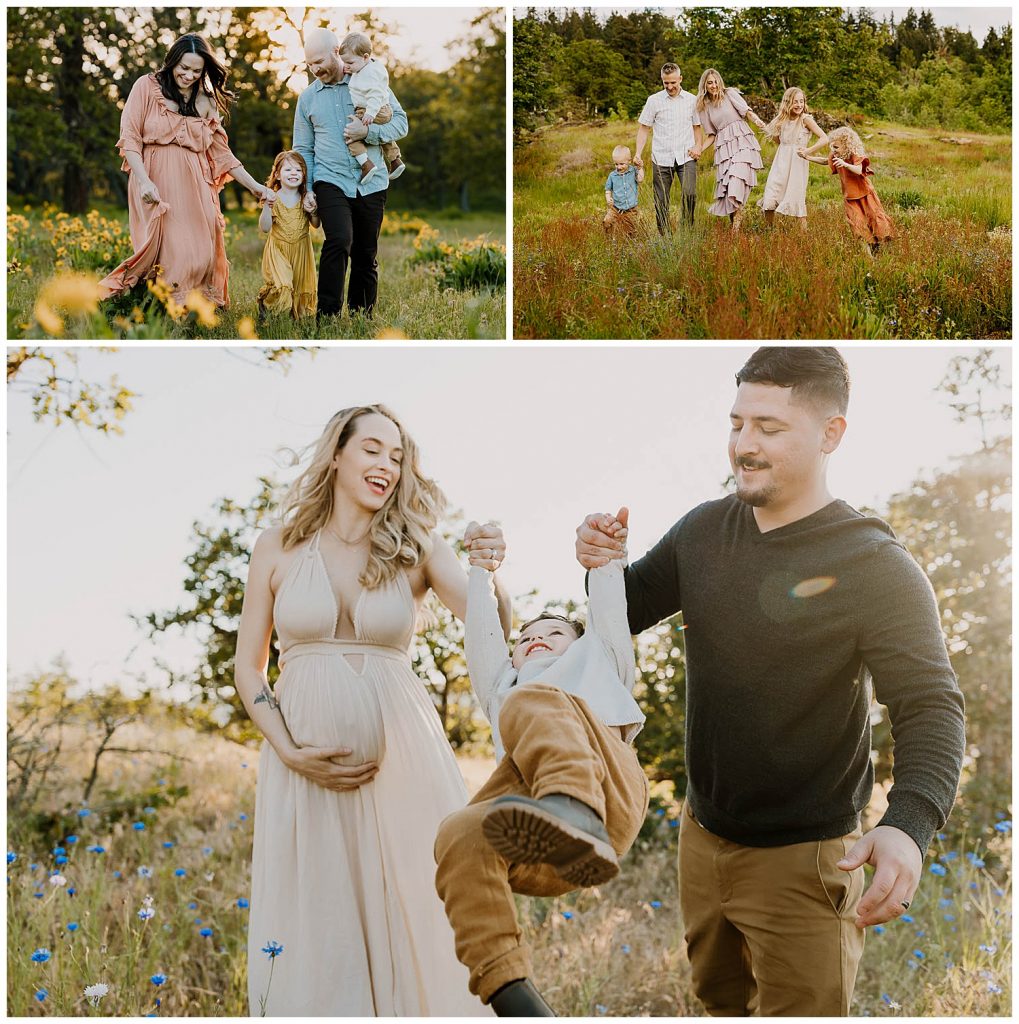 family walking and swinging their child between them - fun family photo prompt idea