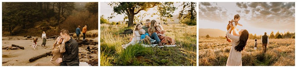 three photos of families playing at locations that I scouted for photography at sunset