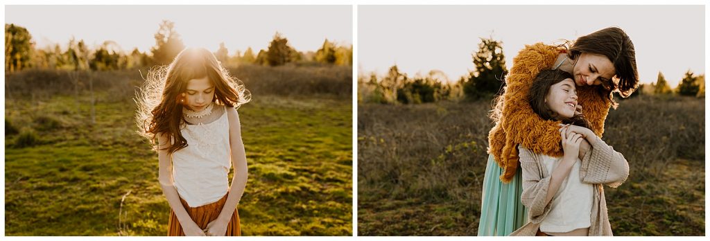 Little girl wearing Joyfolie outfit and mom in free people dress at golden hour