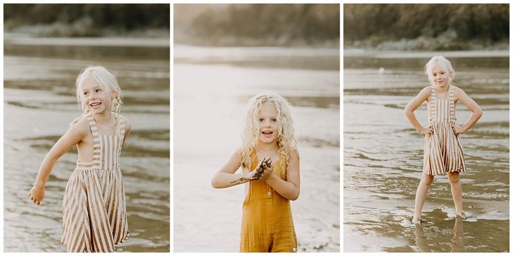 three photos of little kids playing at the beach