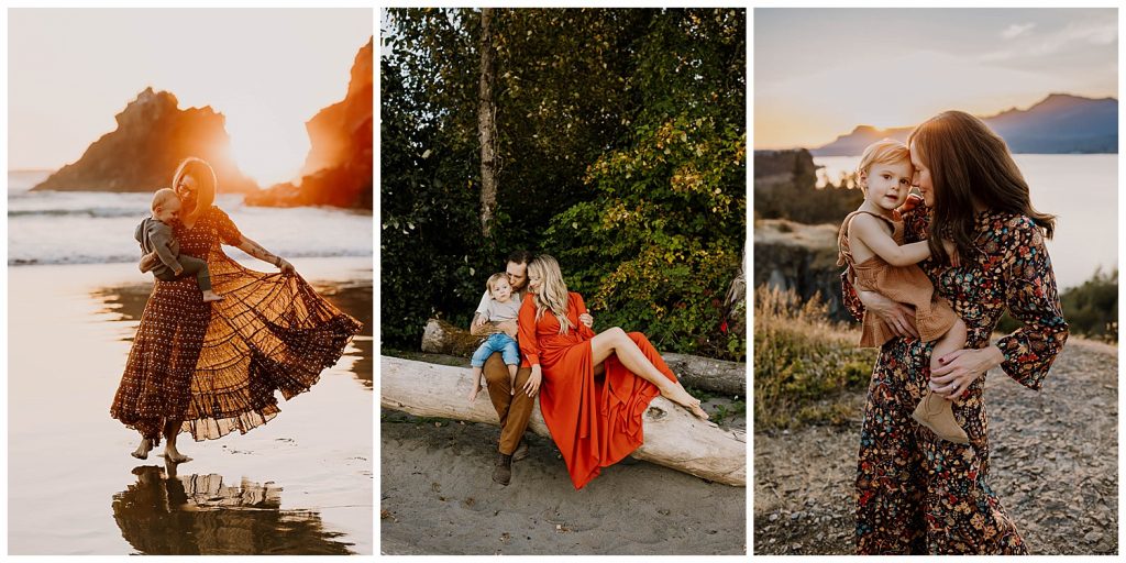 Collage of families at sunset where mom is wearing a dress