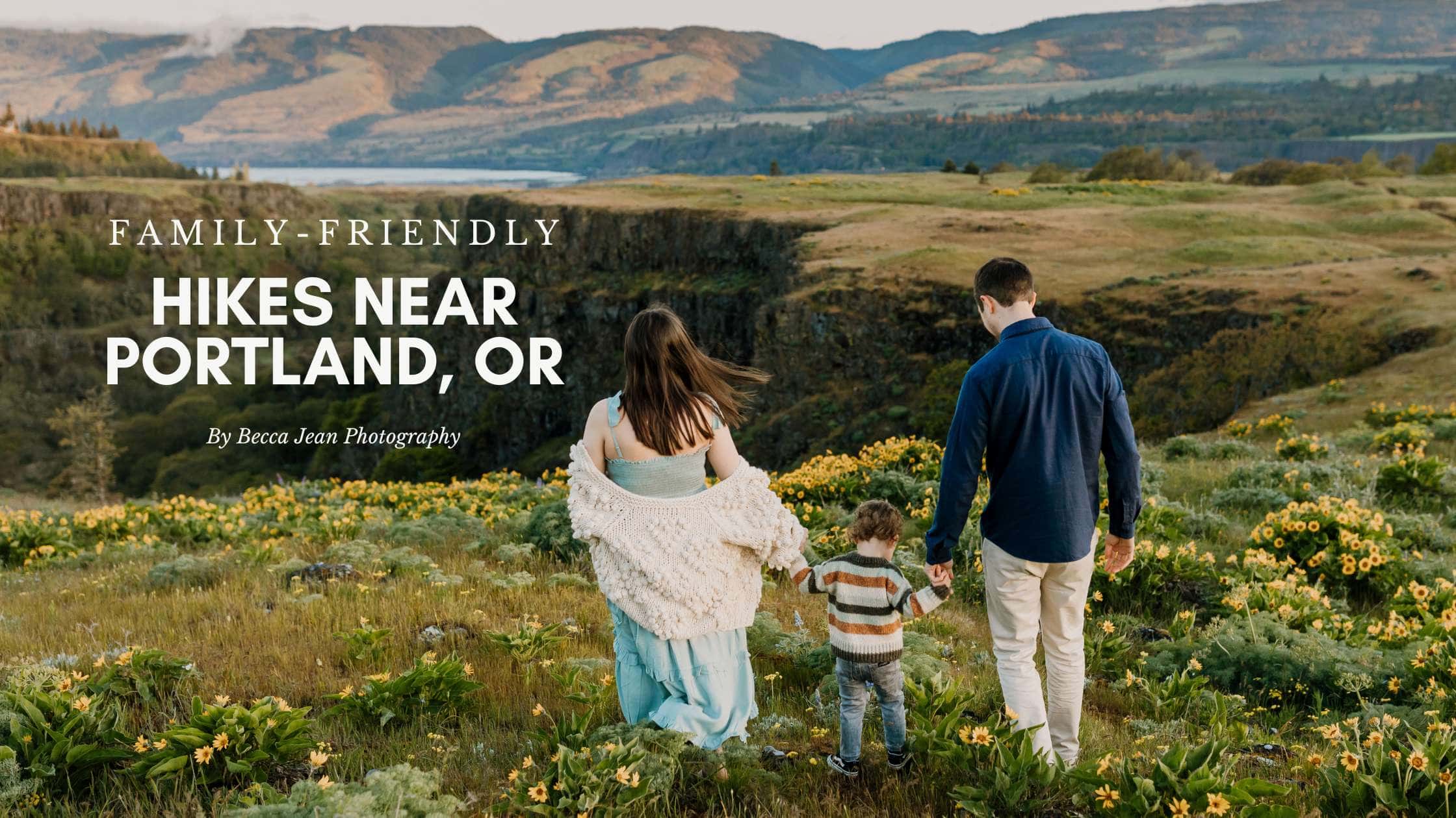 A family holding hands and hiking through the wildflowers in the columbia river gorge near portland oregon