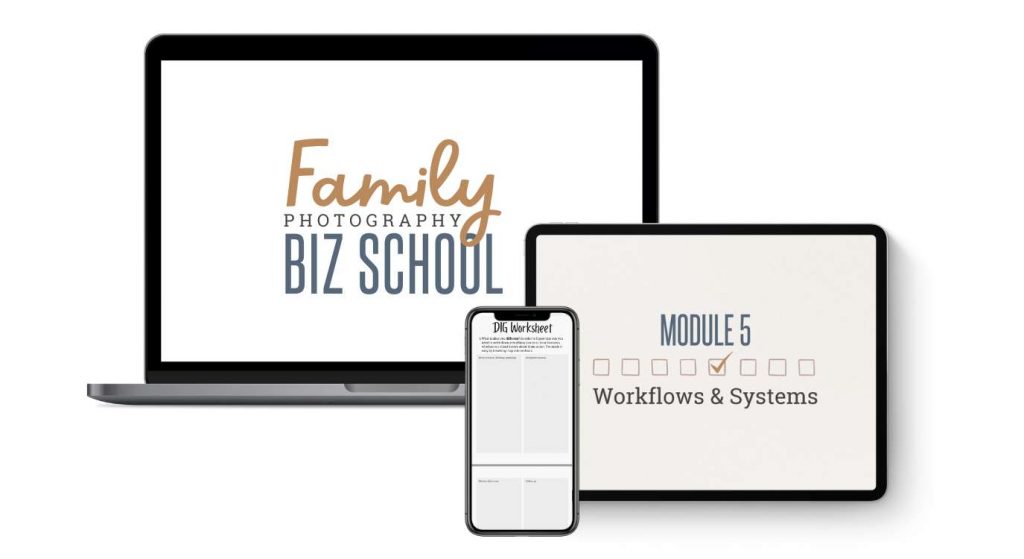 mockup of family photography business school showing online course modules on a laptop computer, ipad, and iphone