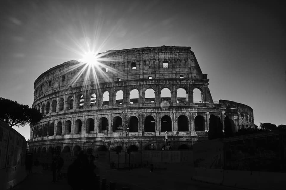 black and white of the coliseum in Rome