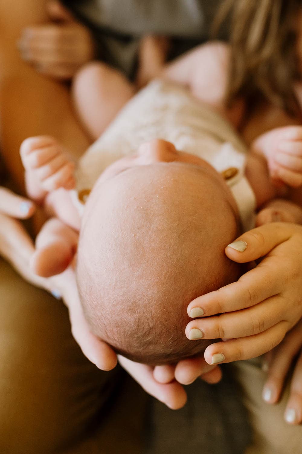 newborn baby being held by family's hands