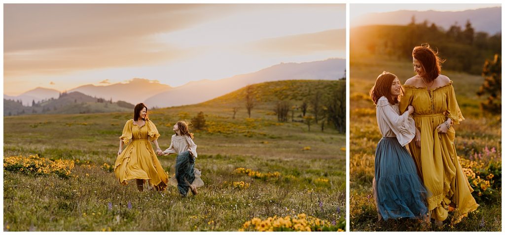 mom wearing a mustard maxi dress during photoshoot with her daughter